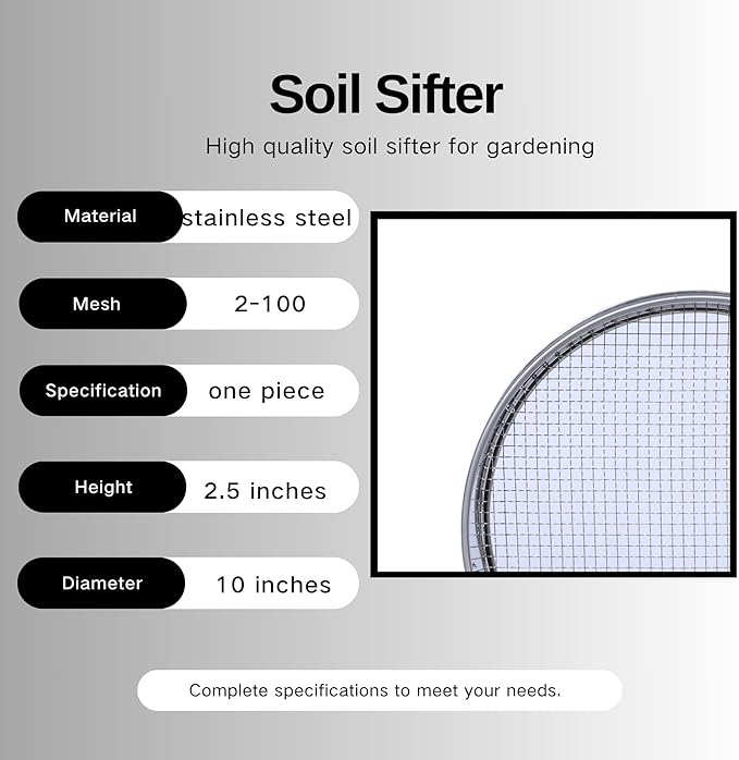Soil Sifter for Garen -10 inches Soil Sieves for Rocks Compost-Stainless Steel Mesh Sifting Pan (1/70 inch mesh)
