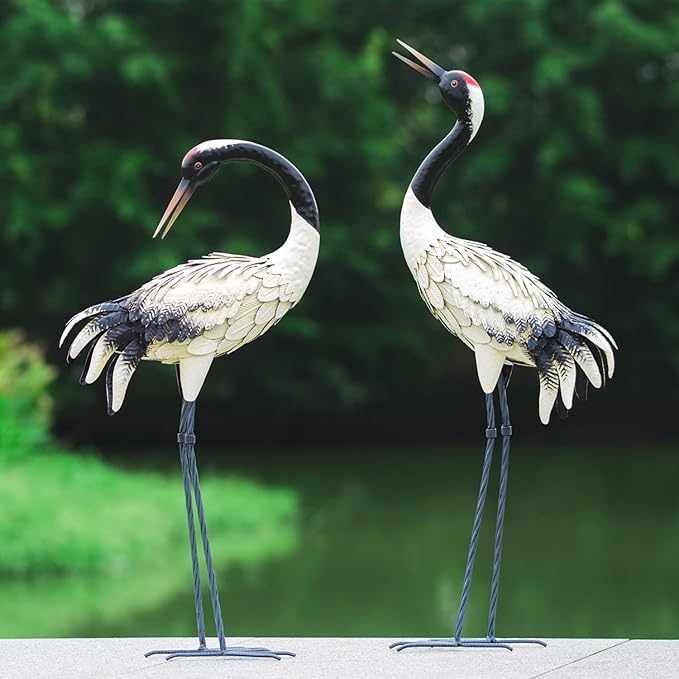 chisheen Garden Crane Statues Outdoor Heron Red Crowned Crane Metal Yard Art Sculpture,Set of 2