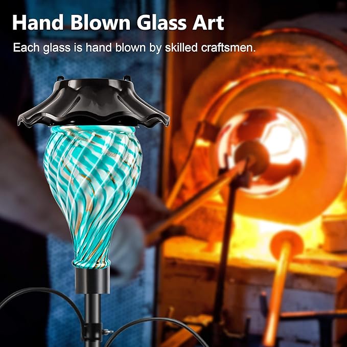 Solar Shepherds Hooks with Hand Blown Glass Lamp, Decorative RGB Lights, 4 Hooks & 1 Flag Holder, Heavy Duty Pole for Hanging Hummingbird Feeder, Bird Feeder, Wind Chime, Plant, Lantern (Teal)