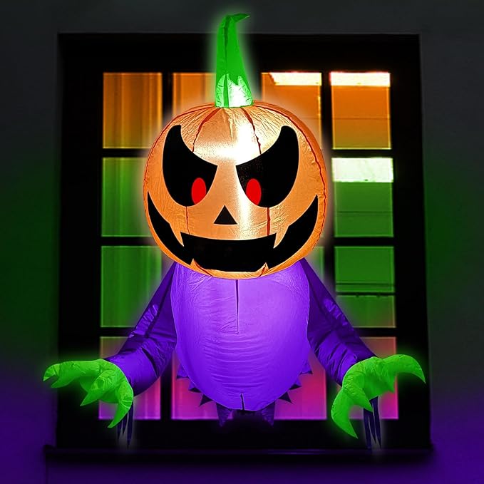 TURNMEON 4 Ft Inflatable Halloween Window Decoration, Blow Up Pumpkin Ghost Broke Out from Window Built-in Multicolored Changing Lights, Halloween Decor for Outdoor Home Party Yard Garden Lawn