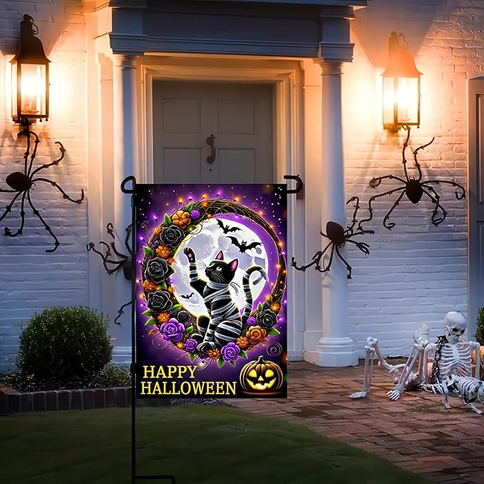 Trick or Treat Halloween Garden Flag for Outside, Black Cat Garden Flag 12x18 Double Sided Vertical Kitten Yard Flag for Outside Halloween Winter Lawn Farmhouse Patio Banner