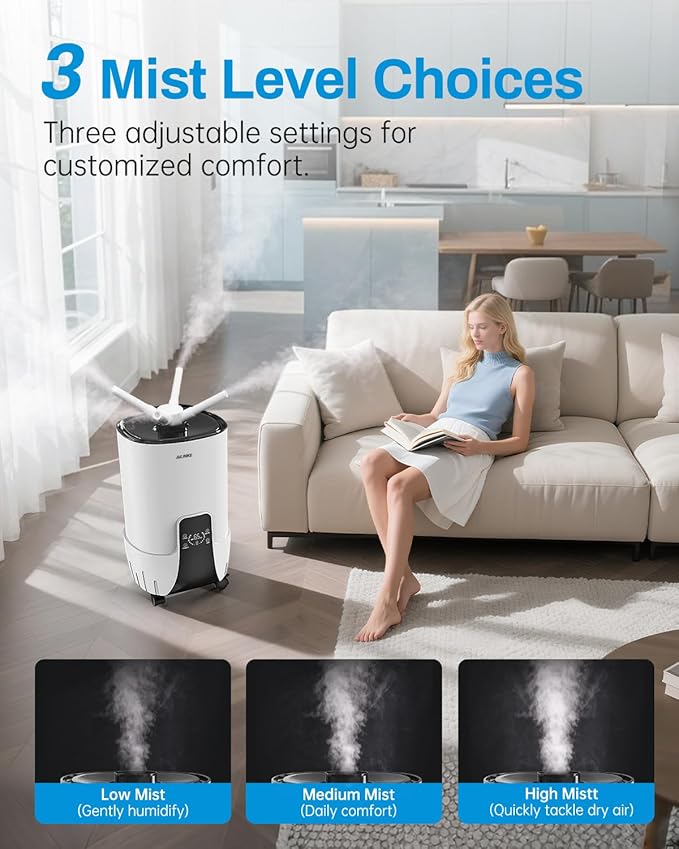 Humidifiers for Bedroom Large Room, 4.2Gal/16L Cool Mist Humidifier Large Room 2000 sq.ft,Top Fill, 3 Stainless Steel Atomizers,360°Nozzle Extension Tube, Commercial/Office/Plants/House, White