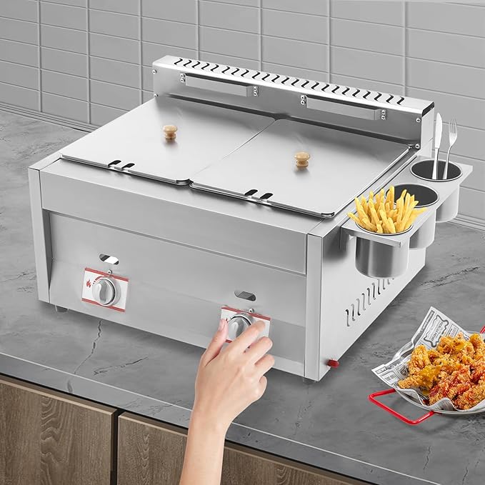 LYNICESHOP Stainless Steel Countertop Gas Fryer, Commercial LPG Gas Deep Fryer with 2 Basket Propane LPG Oil Frying Pot Kitchen Frying Machine Snack Fryer For French Fries Restaurant Home Kitchen