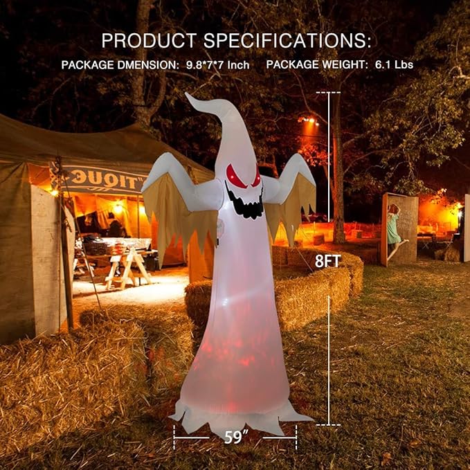 VIVOHOME 8FT Halloween Inflatable Yard Decor, Giant Red Ghost, Outdoor Blow Up with Built-in LED Light for Lawn, Garden, Party