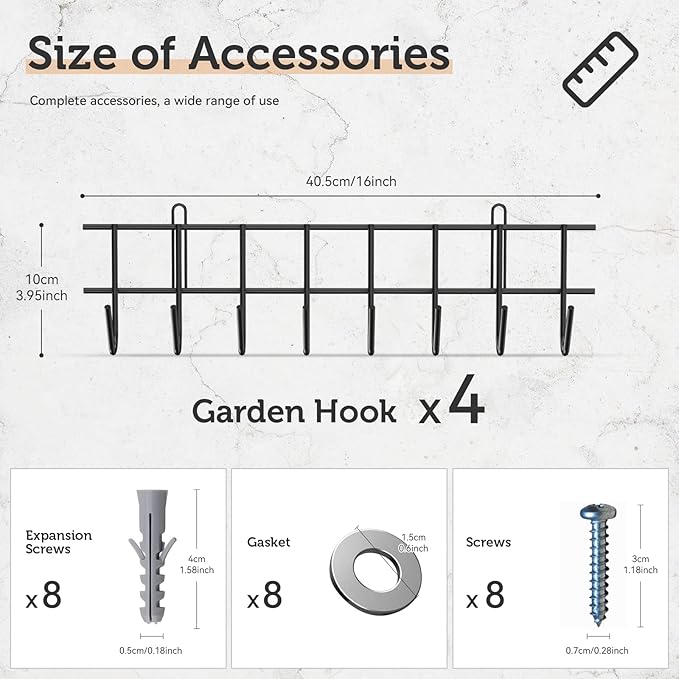 Garden Tool Organizer, Garage Tool Organizer and Storage Wall Mount for Shed Organization, 4 Pack All Metal Yard Lawn Tool Organizer for Garage Hanger, Shovel Golder for Rakes, Hoes, Hoses