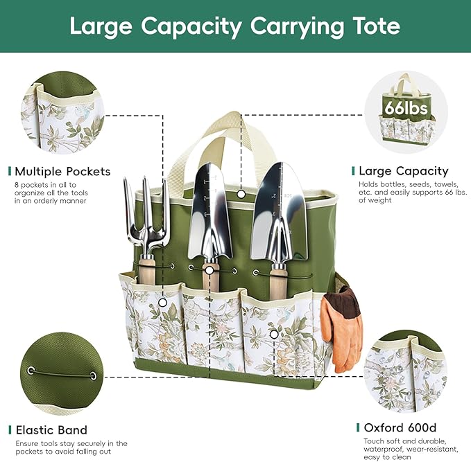9-Piece Garden Tool Set, Heavy Duty Gardening Hand Tools with Wood Handle, Including Garden Tote, Gloves, Durable Stainless Steel Garden Tools, Gardening Gifts for Women, Mom, Men
