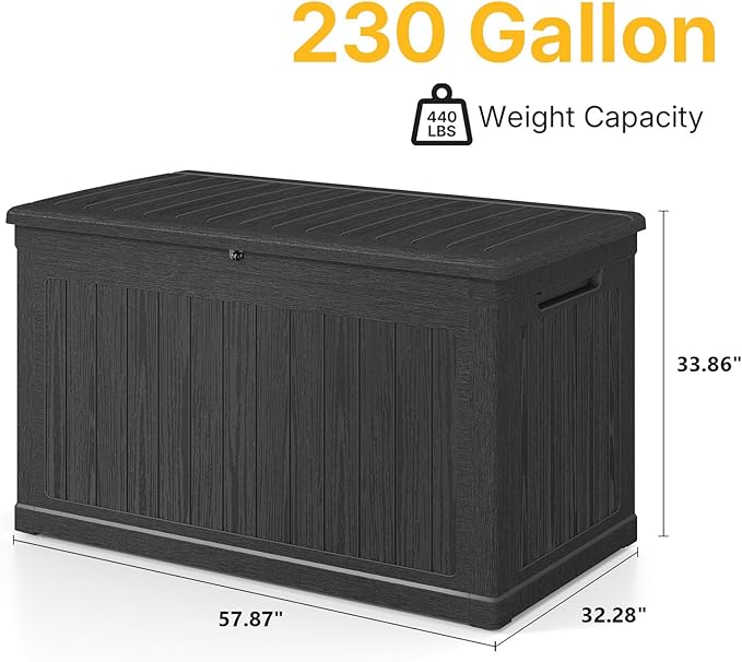230 Gallon Deck Box, Outdoor Storage Box Waterproof and UV Resistant, Patio Storage Box Lockable Large, 440 lbs Load Capacity for Garden, Patio, Pool (Black)
