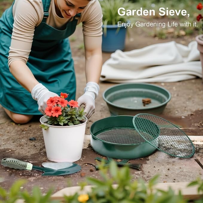 Soil Sieve Sifter Set with Shovel Gloves, Garden Sieve Set with 4 Interchangeable Mesh 3,6,9,12mm, Dirt Sifter for Sand, Rock, Compost, Soil Scoops Garden Tool (Green Sieve Set)