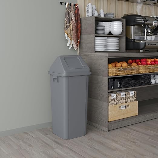 23 Gallon Gray Square Trash Can with Dome Swing Lid – Durable Commercial Plastic Waste Bin for Restaurants, Offices & Public Spaces