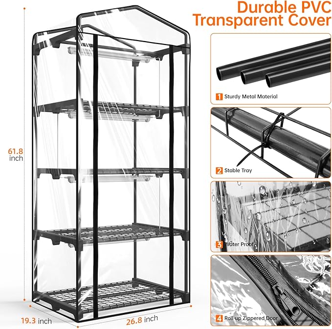 Bstrip Indoor Greenhouse with Grow Light, Mini Green House with 4 Pack 20W Full Spectrum Plant Lights with Timer, Plant Shelf with Tent for Indoor Plant, Seed Starting, Seed Tray, 27.2"x19.9"x61.8"