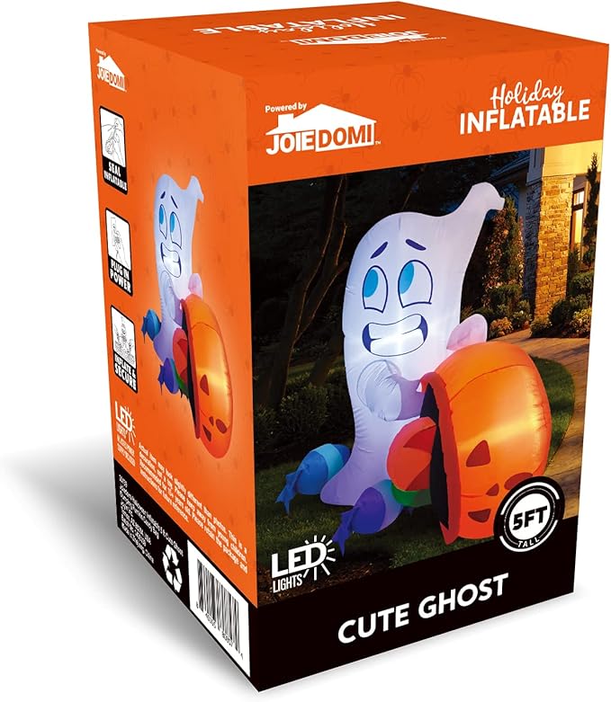 Joiedomi 5 FT Tall Halloween Inflatable Outdoor Decorations, Halloween Ghost Blow Up Yard Decorations, Inflatable Ghost with Candy Pumpkin Cauldron for Garden Decoration