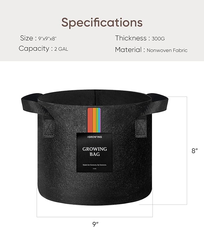 The Growing 5 Pack 2 Gallon Fabric Grow Bags,Thickened Aeration Nonwoven Fabric Plant Pots with Durable Handles,Heavy Duty 300G Planter Pot for Tomato, Fruits, Vegetables and Flowers, Black