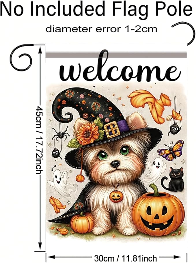 Halloween Garden Flag Yorkshire Terrier Flag 12x18 Inch Welcome Dog Pumpkin Yard Banner Double Sided Outdoor House Decor with Ghosts Black Cat for Fall Lawn Holiday Seasonal Decoration