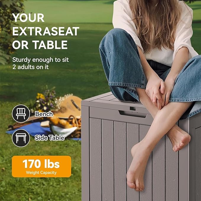 32 * 2 Gallon Outdoor storage deck Box Waterproof ,garden tool,backyard cushion,poolside toy storage,Smalldelivery boxes for outside,Two Boxes/set (Wood-like Striped Gray