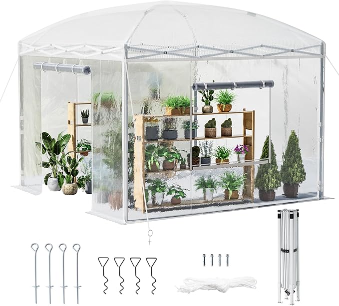 AMERLIFE 10×10×8.5 FT Pop-up Greenhouses for Outdoors Indoor with Adjustable Sturdy Frame, Portable Walk in Greenhouse with 2 Roll-up Zipper Doors, Windows and PE Cover, White
