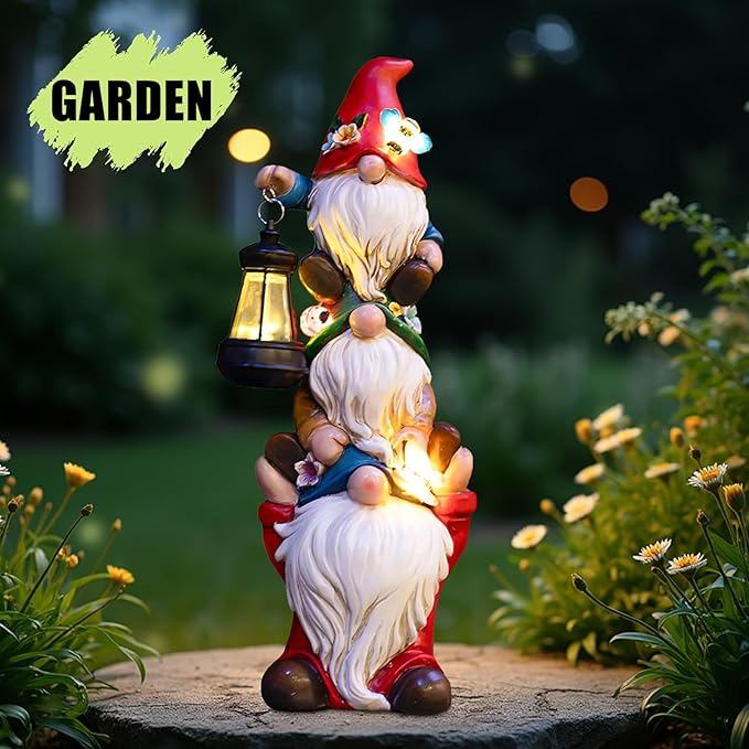 17 in Large Garden Gnome Statue with Solar Lights Sculptures Funny Triple Big Gnome Outdoor Patio Lawn Yard Balcony Garden Home Decor Gifts for Women Mom