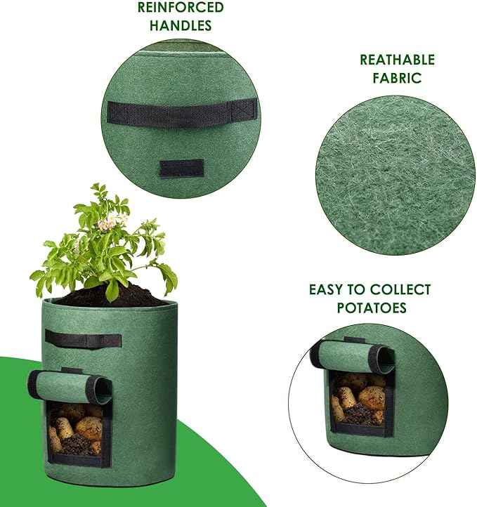 Delxo 5 Pack 7 Gallon Potato Growing Bags, Planter Garden Grow Bags with Flap, Double Layer Breathable Nonwoven Cloth for Planting,Vegetable,Tomato,Aeration Fabric Pots with Handles Green