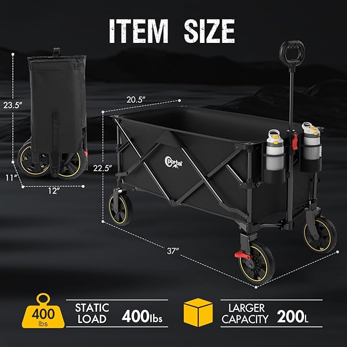 POTAL Foldable Wagons Carts with Wheels, 5 ft³ Collapsible Grocery Cart on Weels with Brakes, Folding Utility Pull Wagon Cart Heavy Duty for Camping Outdoor, Gardening, Sports