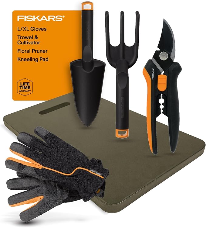 Fiskars Flower Gardening Tool Set with Floral Pruner, Trowel, Cultivator, Garden Gloves, and Ultra-Light Kneeling Cushion for Outdoor Use (5 Piece Kit)