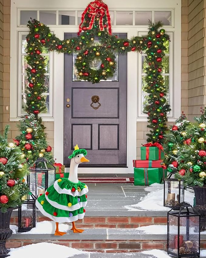 Christmas Porch Goose Outfits With Bells, 2 Pcs/Set Lawn Cement Goose Clothes, 23" Patio Yard Garden Geese Costume Decoration, Green