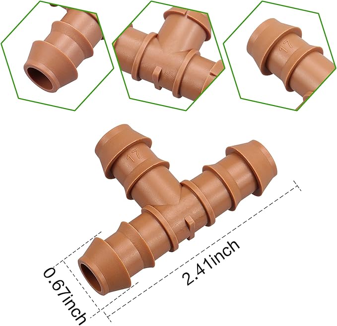 JAYEE 25 Pack Drip Irrigation Barbed Tee Fittings (17mm) for 1/2" Drip Hose(0.600”ID) ,Sprinkler Tubing Connector for Drip System