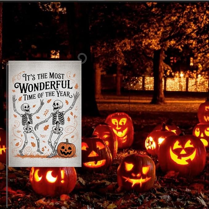 HTBIG Funny Halloween WSkeleton Garden Flag, Halloween Wonderful Time Flag, Yard Flags for Outside 12x18 inch, Outside Yard for Home Decorations