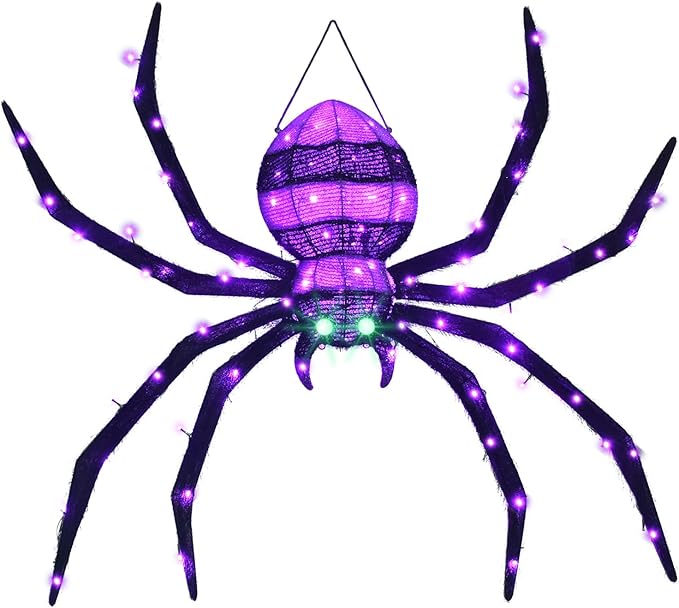 HOYECHI Halloween Decorations Outdoor Hanging Spider - 4.2FT Giant Climb The Wall Spider Halloween Decor, Light Up Spider with 90 LED Lights, for Front Yard Porch Roof Party Outside - Black