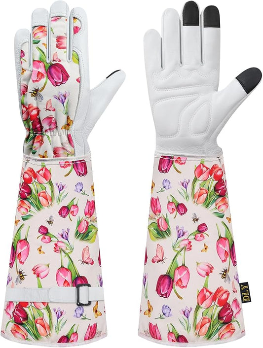 DLY Gardening Gloves for Women, Rose Gloves Gardening Thorn Proof, Long Garden Gloves for Women, Breathable Cowhide Leather Gauntlet (Medium, White)