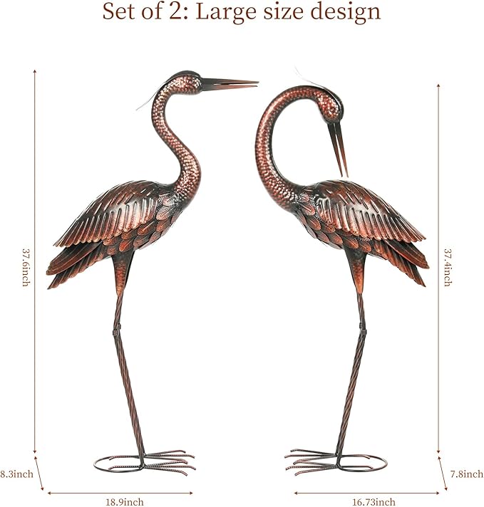 Kircust Crane Garden Sculptures & Statues Heron Decoy Large Size Metal Birds Yard Art Standing Vintage Brass Heron Lawn Ornament Outdoor Decorations 37 Inches Set of 2