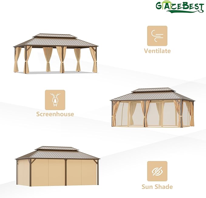 12'x20' Hardtop Gazebo Outdoor Aluminum Patio Gazebo Double Roof Galvanized Steel Canopy with Netting and Curtains for Garden, Backyard,Deck and Lawns