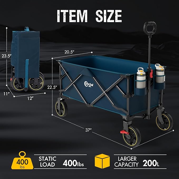 Portal Collapsible Folding Wagon Cart, 400 lbs Heavy Duty Foldable Wagons with Wheels & Brake, Utility Grocery carts for Apartment, Shopping, Outdoors Camping, Sports, Garden, Beach