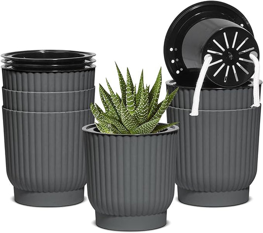 T4U African Violet Pots, 4 Inch Self Watering Pots for Indoor Plants, 6 Pack Small Planters, Durable Charcoal Gray Plastic Small Pots for Indoor Plants, Flower