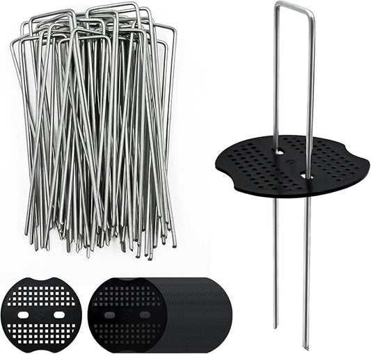 40 Pack 6 Inch Landscape Staples & 40pcs Fixing Gasket Sets, Garden Stakes Galvanized Steel Fabric Pins Heavy-Duty U Shape Sod Turf Pins for Ground Weed Fabric Barrier, Orchard, Yard, Tents