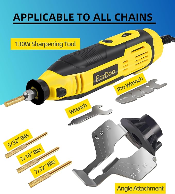 Electric Chainsaw Sharpener Kit with TITANIUM-COATED Diamond Bits - High-Speed Chain saw Sharpener Tool and 6 High Hardness Sharpening Wheels For All Chainsaw Chains.