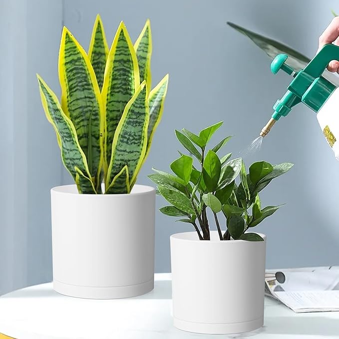 10/8/6 inch Deep Flower Pots, 3 Pack Cylinder Tall Plant Pots for Outdoor Indoor Plants, Large Decorative Plastic Planters with Drainage Holes and Saucers for Garden House Plants, White