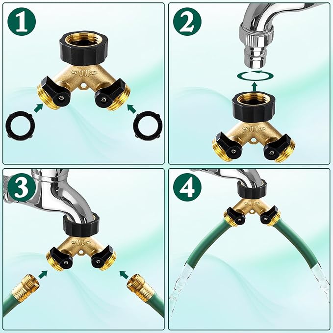 Dalmbox Garden Hose Splitter 2 Way, Y Connector Brass Garden Hose Adapter, Water Hose Splitter, Double Shut Off Valve, Includes 3 Rubber Washers & Teflon Tape(1 pack)
