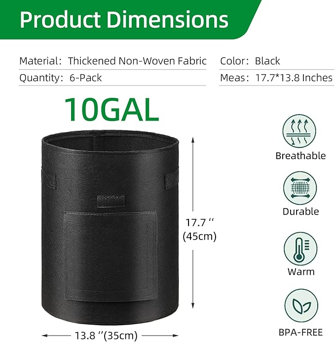 6 Pack 10 Gallon Potato Grow Bags with Flap Window, Garden Planting Bag with Durable Handle, Plant Pots for Tomato, Vegetable and Fruits