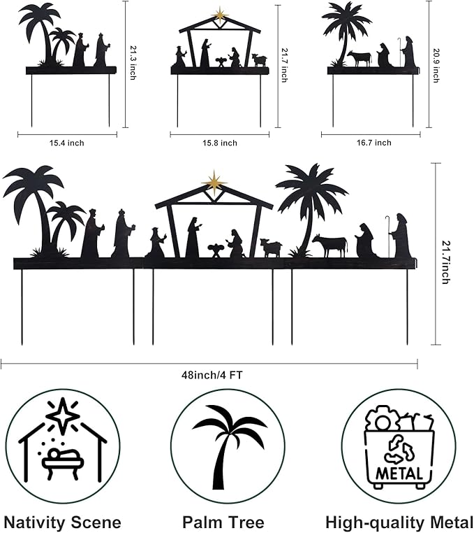 hogardeck Nativity Set for Christmas, 48" 3 Pcs Metal Nativity Scene Decorative Garden Stakes for Outdoor Christmas Decorations, Holy Family Manger Scene Nativity Sets Yard Signs for Garden Lawn Patio