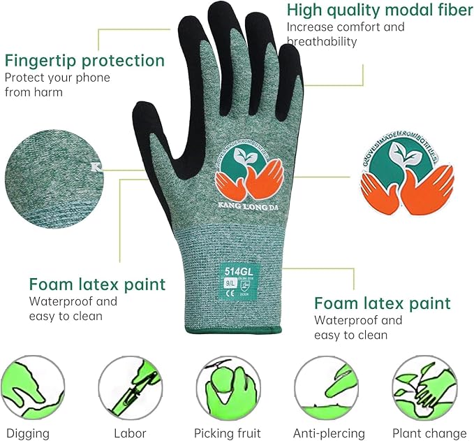6 Pairs Gardening Gloves for Women and Men, Latex Coated Gloves for Work, Garden Gloves Made from Recycled PET, Large