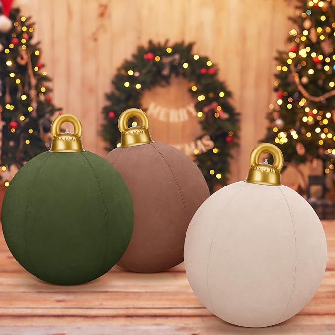 Jetec 3 Pcs 32 Inch Giant Velvet Christmas Inflatable Balls Ornament Flocked Xmas PVC Inflatable Flocked Ball Ornaments for Christmas Holiday Outdoor Blow up Yard Decor(Brown, Khaki, Green)