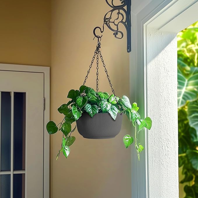 T4U 8 Inch Hanging Planters for Indoor Outdoor Plants, Self Watering Hanging Pot Pack of 2, Hanging Pots with Drainage Hole & Plug & Chain with 3 Hooks for Garden Home Decor, Grey