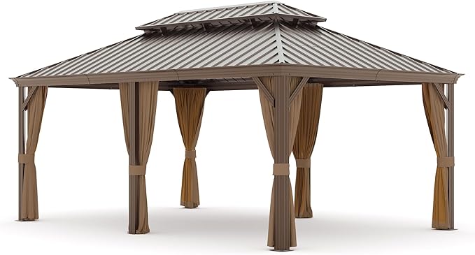 12' x 20' Outdoor Hardtop Gazebo Aluminum Frame with Double Metal Roof, Canopy Netting, Curtain, Patio Permanent Galvanized Steel Gazebo for Backyard, Garden, Party, Deck, Lawn
