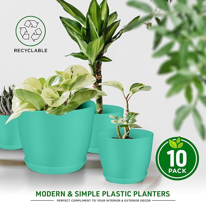 Planter Pots with Drainage Holes - Lightweight, Durable, and Space-Saving Pots for Indoor and Outdoor - Versatile Functionality, Simple Modern Design, Set of 10 Plastic Planter Pots - Aqua