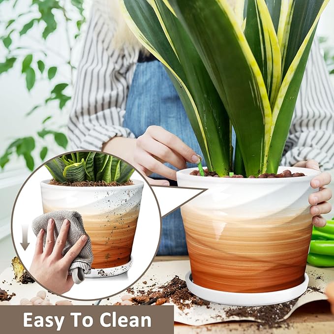 8 Inch Plant Pot, Ceramic Planter with Drainage and Saucer, Ceramic Pots for Plants, Indoor Plant pots,Ceramic Flower pots,Modern Planter(Khaki + White)