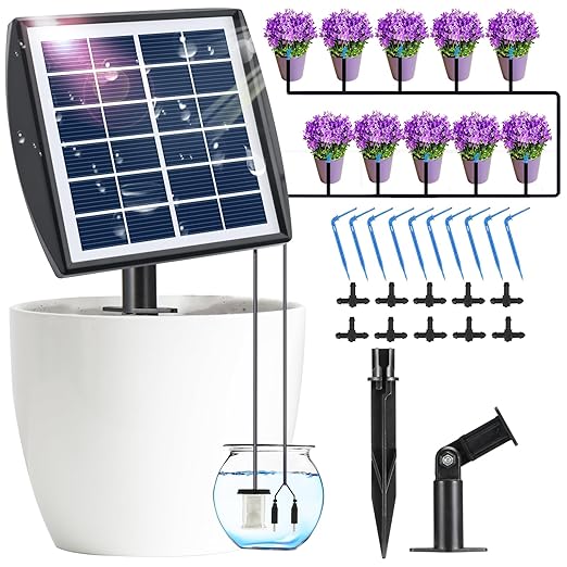 Solar Automatic Drip Irrigation Kit System, YaNovate Solar Auto Watering Gardening System for 10 Potted Plants with Anti-Siphoning Device & 6 Timer Modes for Outdoor