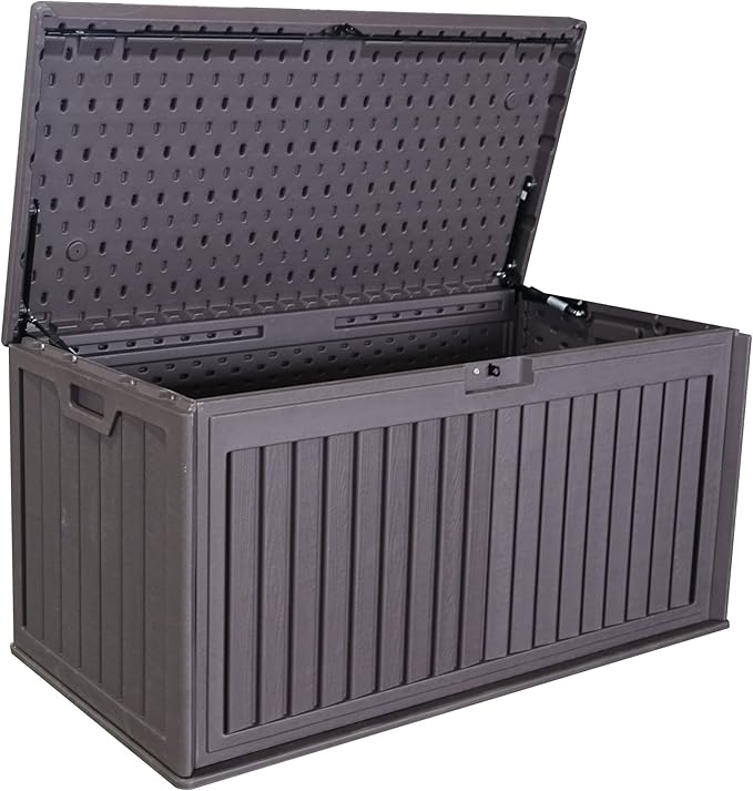 LANTRO JS 100 Gallon Deck Box, Waterproof Deck Storage Box, Resin Plastic Patio Storage Box with Side Handles, Lockable Storage Containers