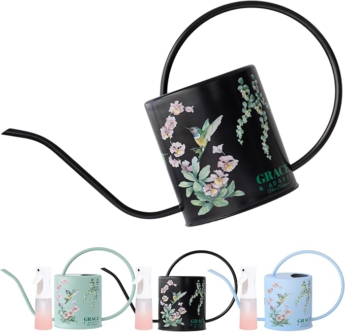 Watering Can for Indoor House Plants - Cute Decorative Metal Gardening Small Water Can for Houseplants & Flowers with Long Spout - 1.5L 51floz 0.4 Gallon (Hummingbird Black)