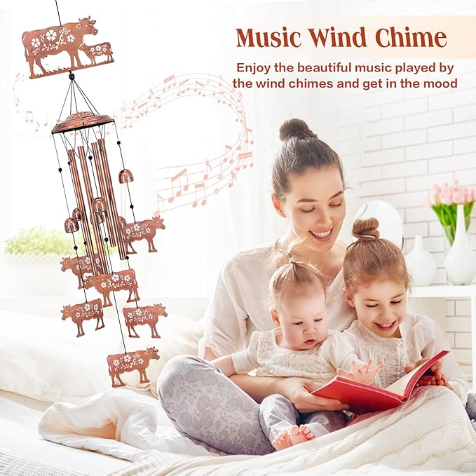 Cow Wind Chimes Outdoor Cow Gifts for Women/Men/Mom/Wife/Grandma Birthday Gifts Memorial Gift Metal WindChimes for Outside/Indoors, Lawn, Patio, Home, Porch, Yard Decor, Garden Decorations