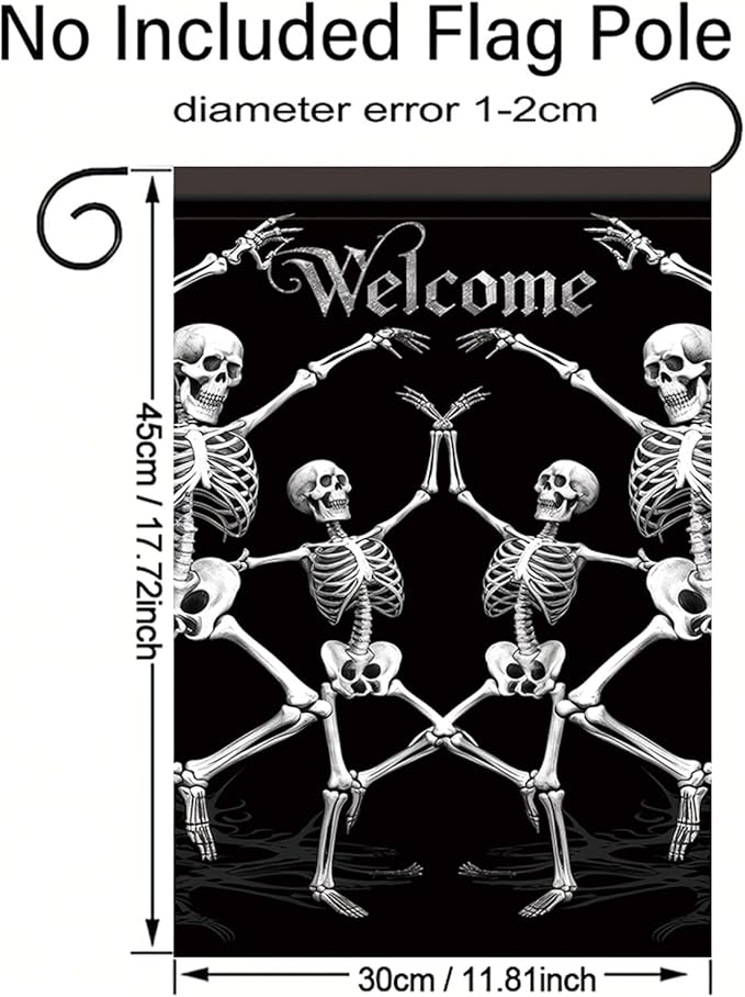 Halloween Garden Flag Dancing Skeleton Welcome Flag 12x18 Inch Double Sided Gothic Outdoor House Yard Banner for Lawn Porch Patio Spooky Skull Holiday Decoration Black Background Decor