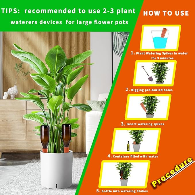Self Watering Spikes -4 Pack Terracotta Plant Watering Stakes Devices Vacation Self-Watering Stakes for Indoor/Outdoor Plants